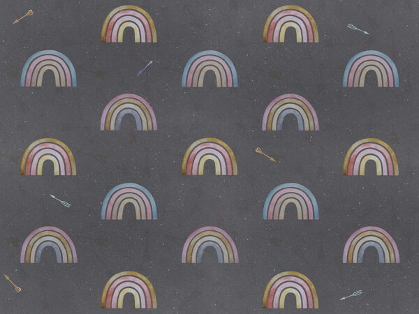 Patterned wallpaper with colourful rainbows and arrows on a dark background