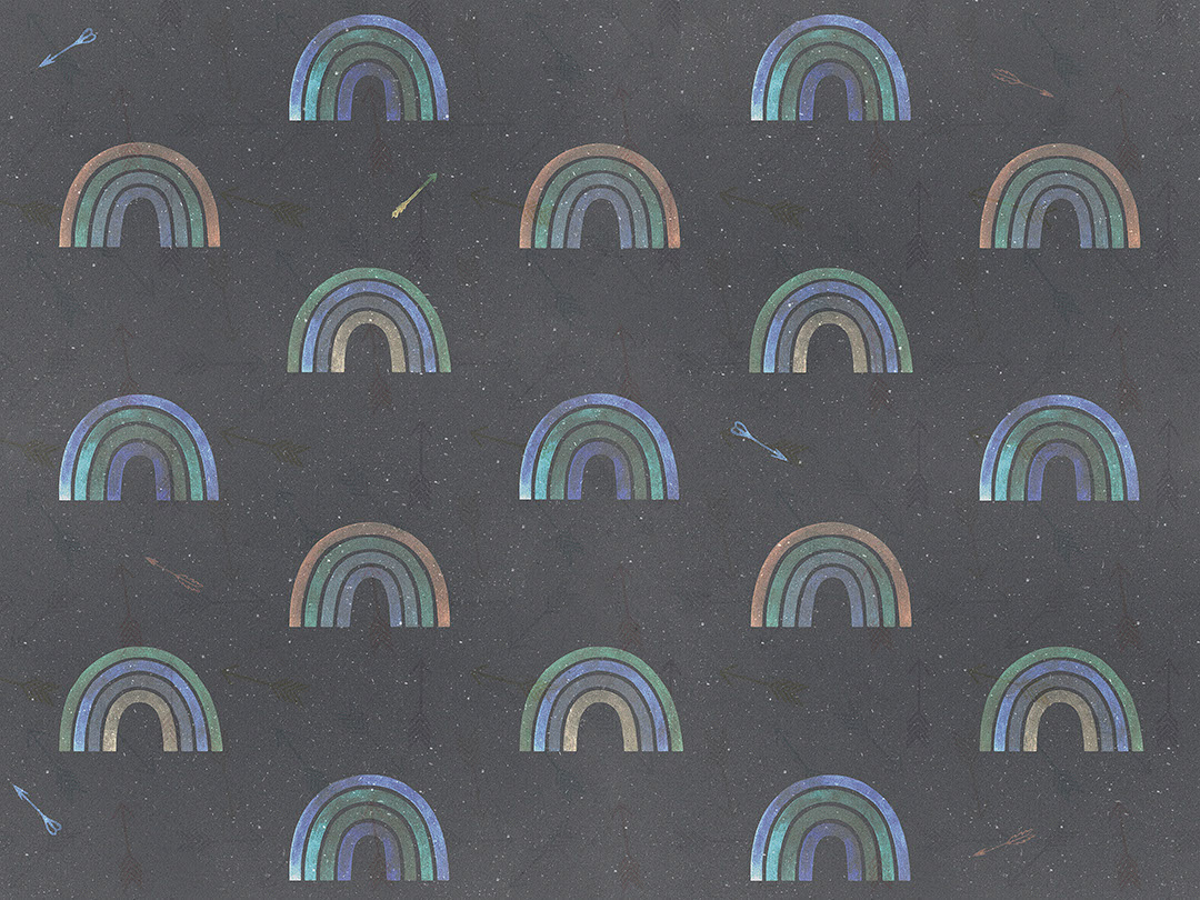 Patterned wallpaper with rainbows and arrows on a dark background