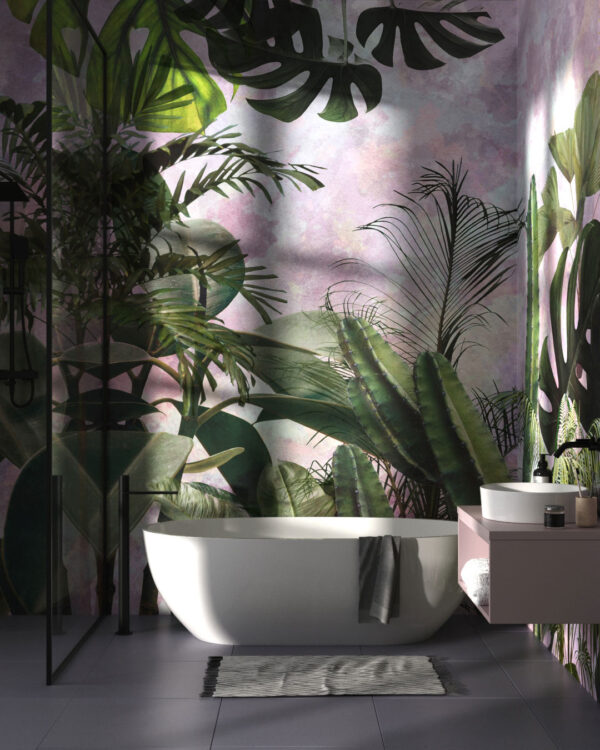 Tropical leaves and cacti on a watercolour background wall mural for the bathroom