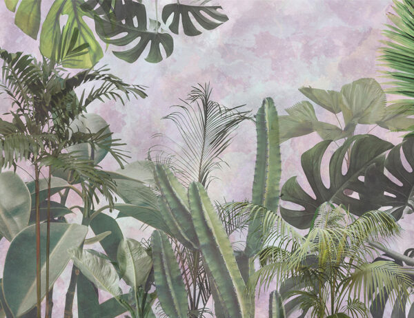 Tropical leaves and cacti on a watercolour background wall mural