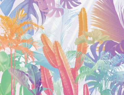 Bright tropical leaves and cacti wall mural