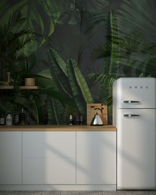 Tropical leaves and cacti on a grey background wall mural for the kitchen