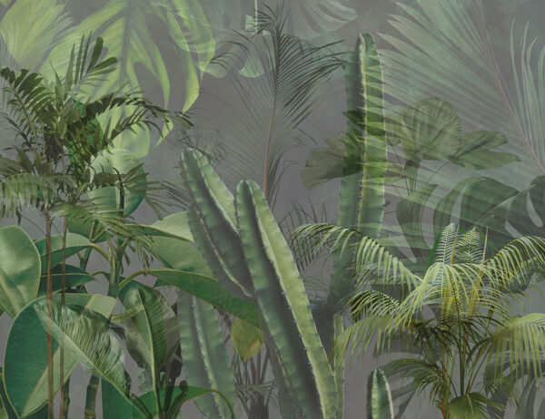 Tropical leaves and cacti on a grey background wall mural