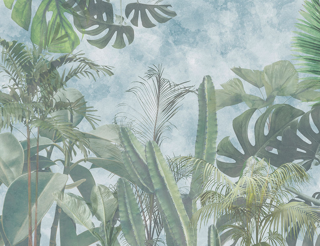 Tropical leaves and cacti on a blue sky wall mural