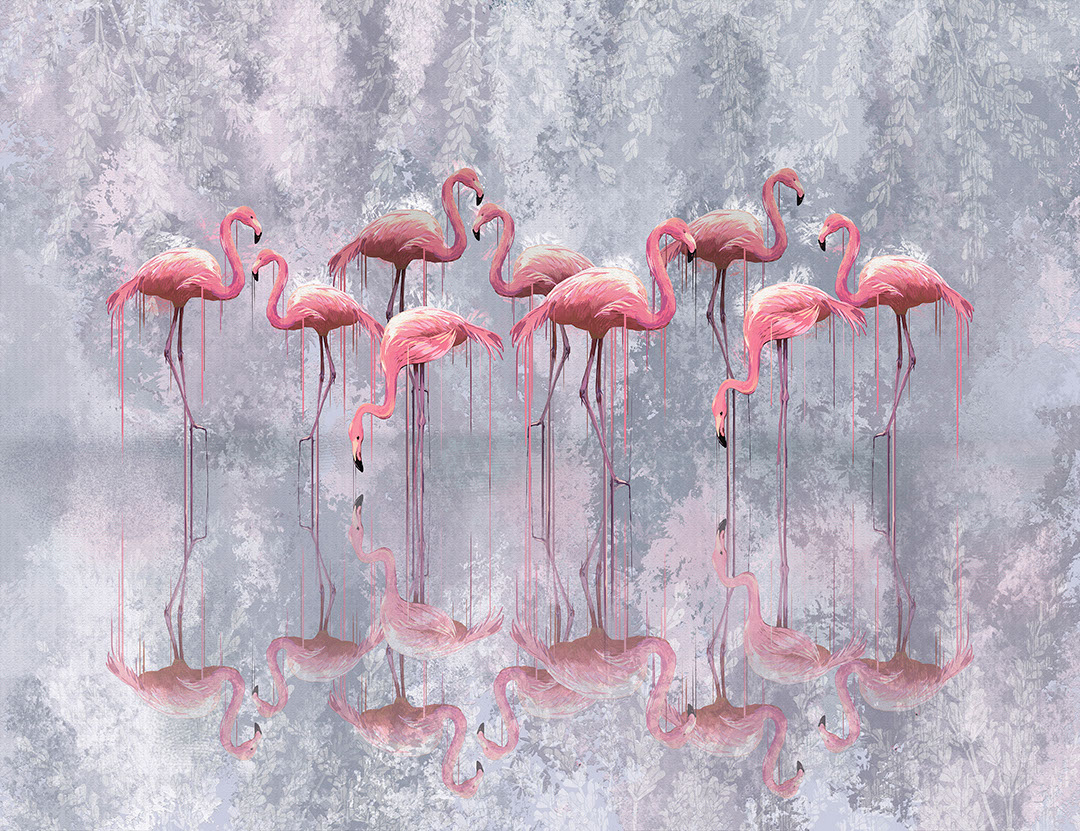 Pink flamingo flock and theirs reflection wall mural