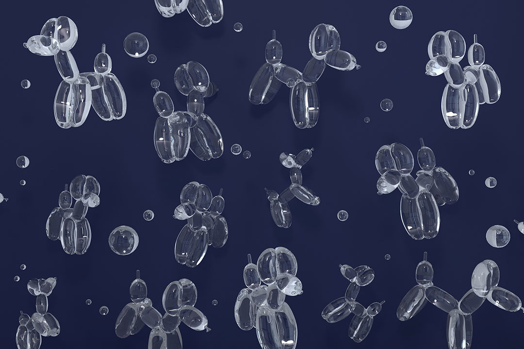 Transparent balloons in the shape of dogs on the navy blue background 3D wall mural