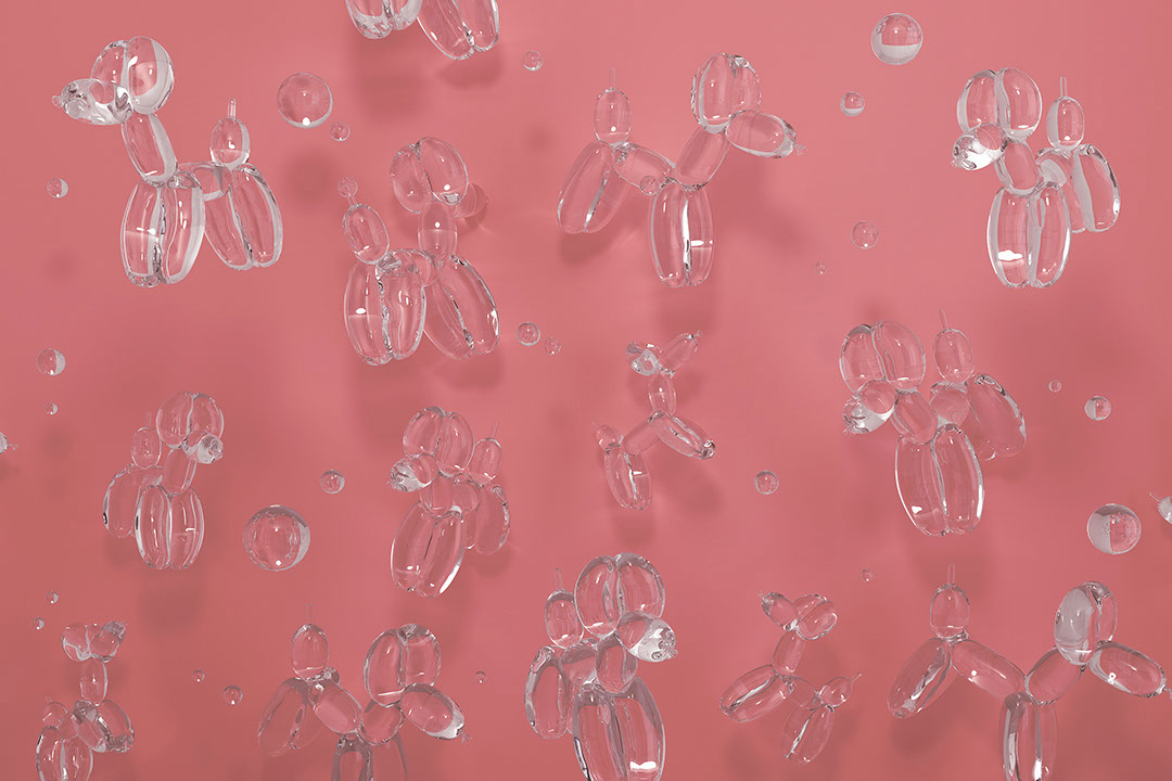 Transparent balloons in the shape of dogs on crimson background 3D wall mural