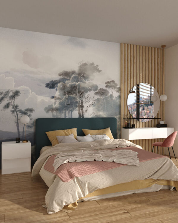 Grey vintage forest wall mural for the bedroom