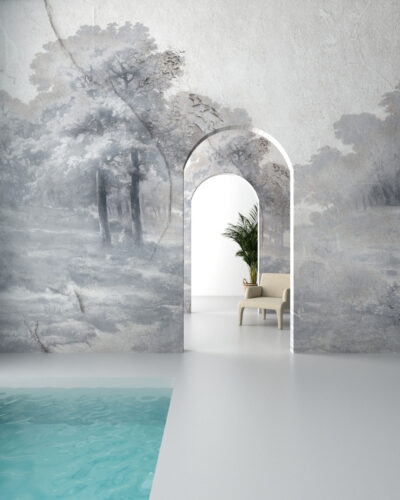 Grey vintage forest wall mural with old plaster texture for the bathroom