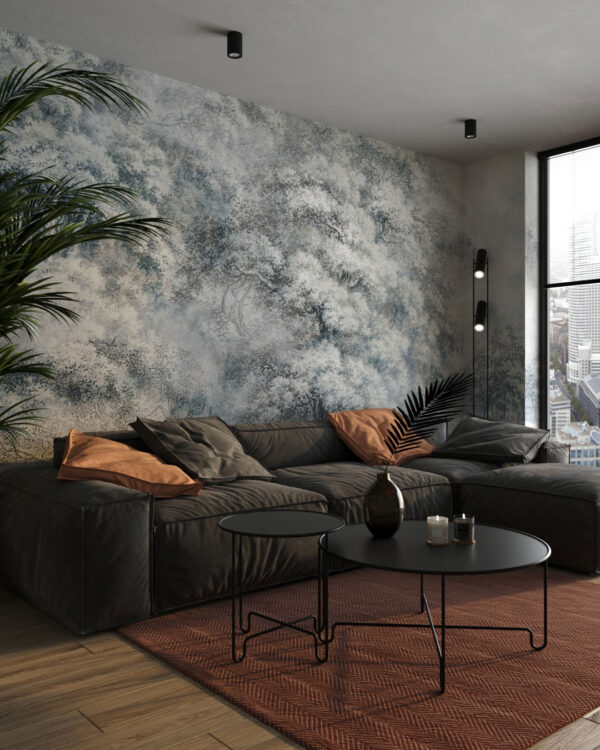 Grey engraving with three-dimensional tree crowns wall mural for the living room