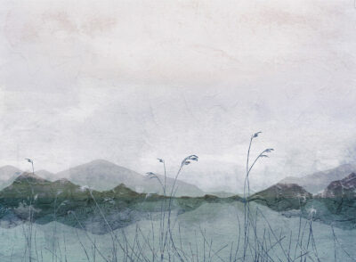 Lake, grass and mountains with decorative plaster effect wall mural