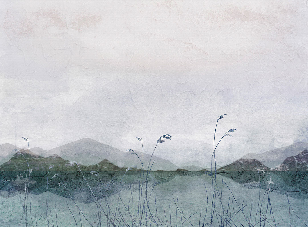 Lake, grass and mountains with decorative plaster effect wall mural