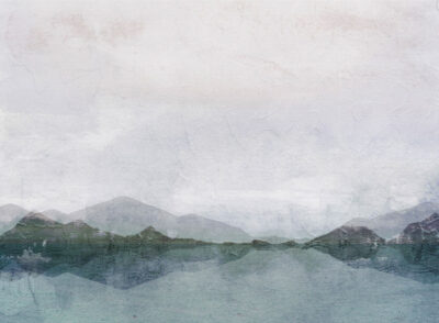 Lake and mountains with decorative plaster effect wall mural