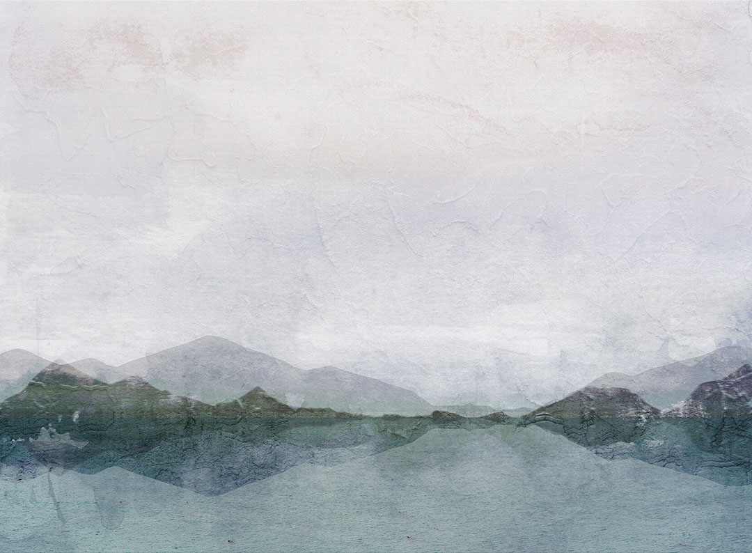 Lake and mountains with decorative plaster effect wall mural