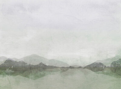 Lake and mountains with decorative plaster effect wall mural in green tones