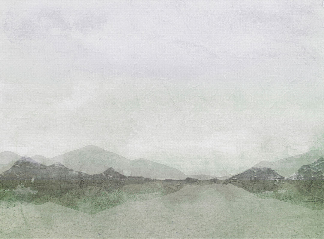 Lake and mountains with decorative plaster effect wall mural in green tones
