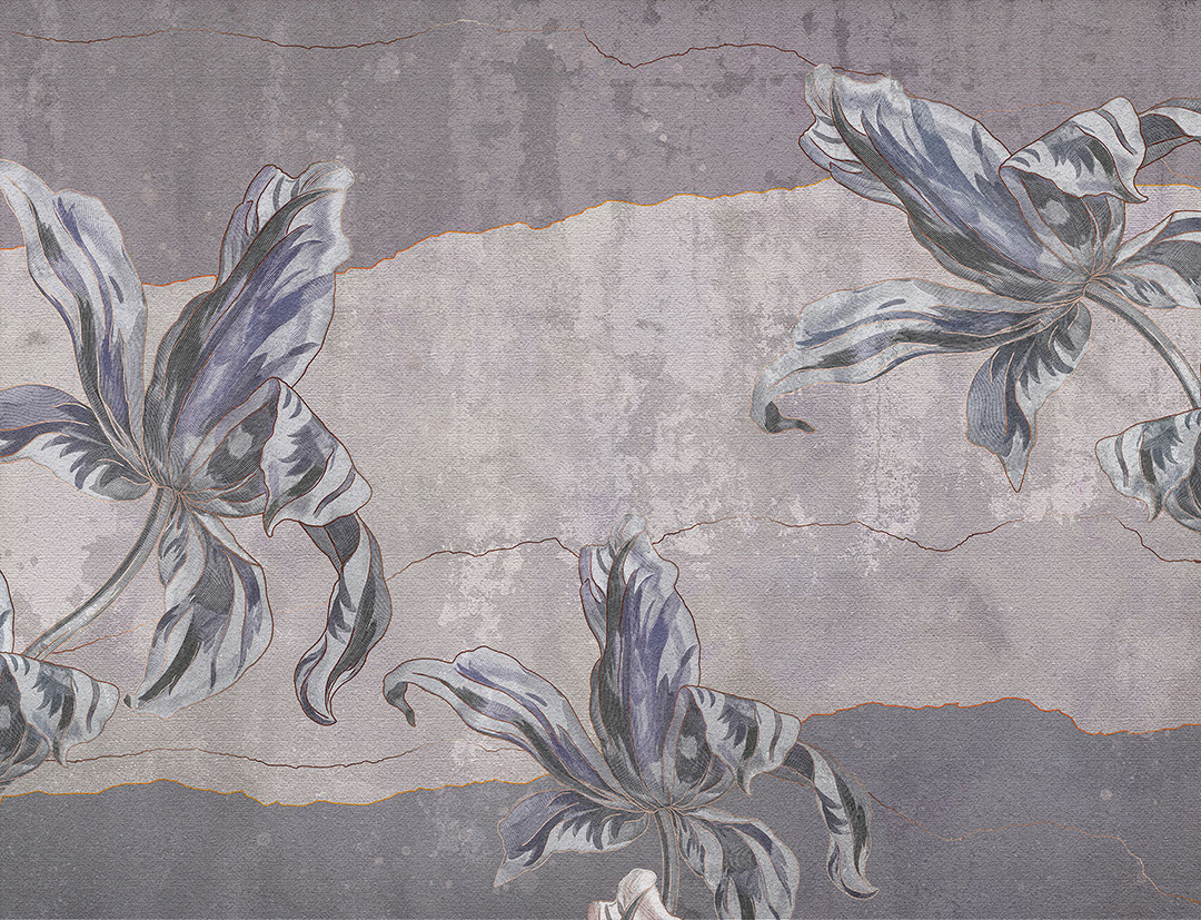 Stone flowers Irises textured wall mural in blue colours