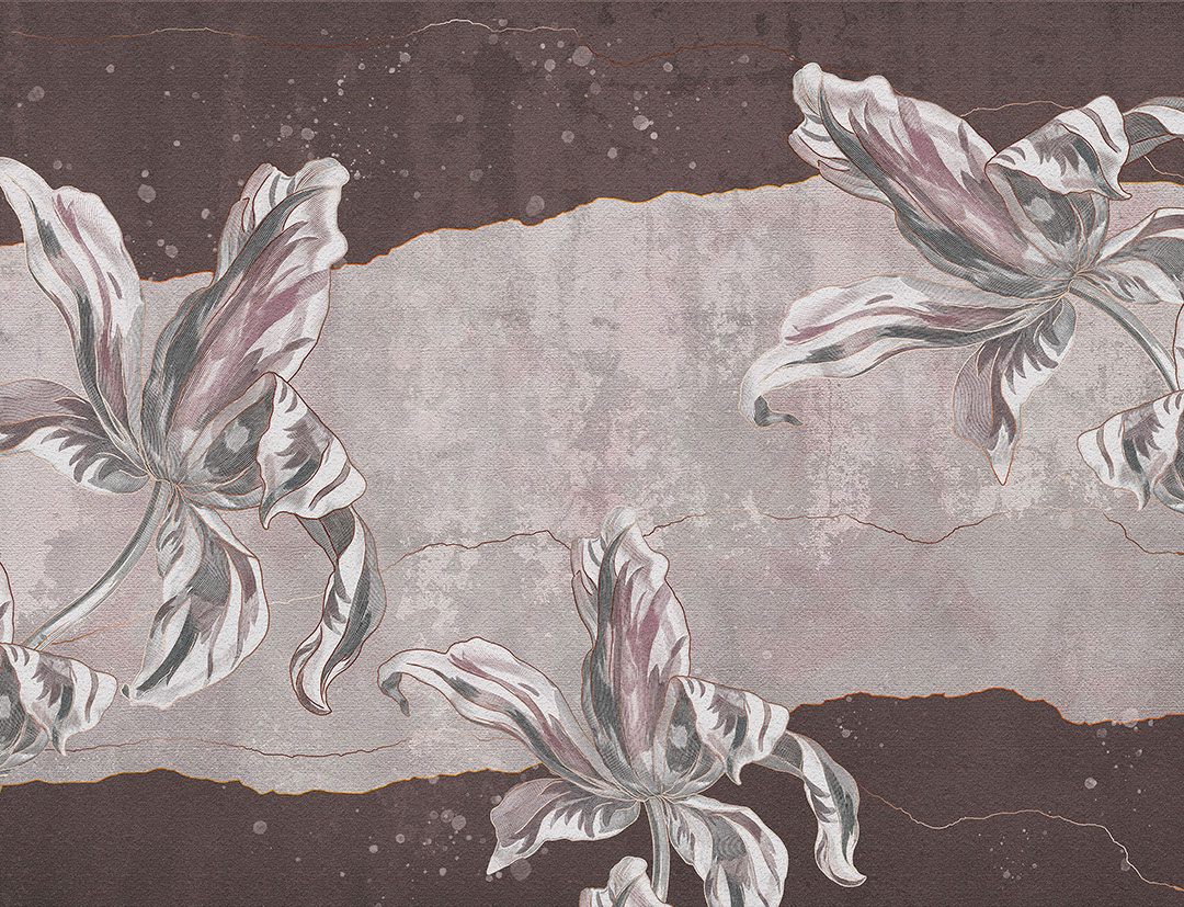Stone flowers Irises textured wall mural in dark red colours