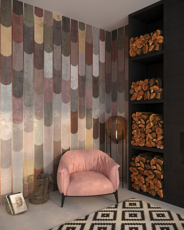 Coloured panels with copper patterned wallpaper for the living room