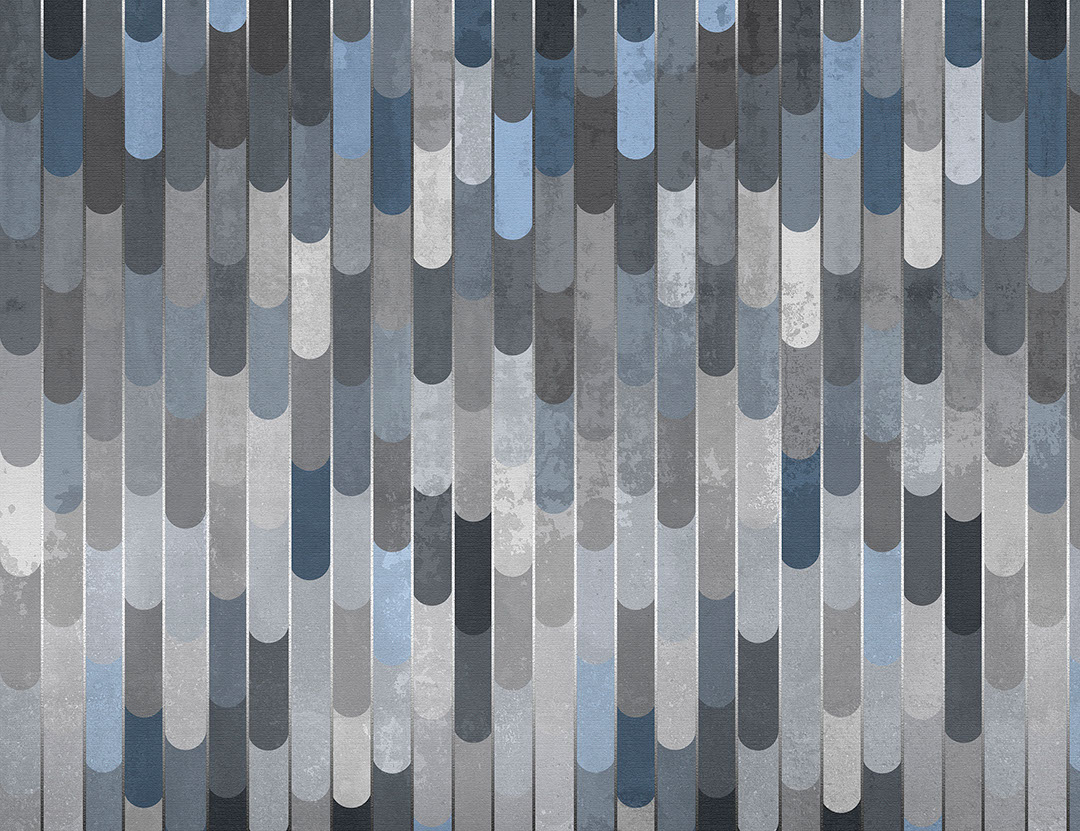 Panels in cold tones with silver patterned wallpaper