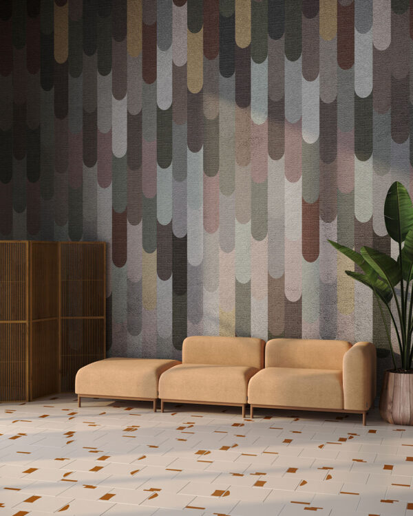 Cascade of coloured panels patterned wallpaper for the living room