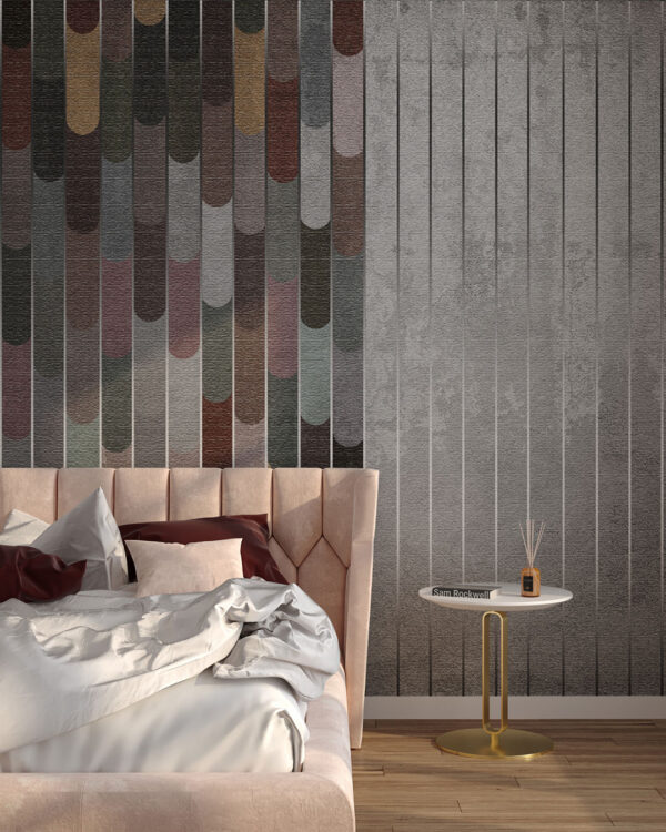 Asymmetrical coloured panels with silver wall mural for the bedroom