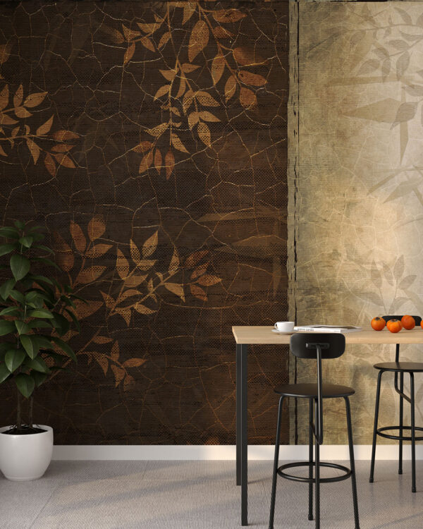 Asymmetry of textures with leaves wall mural for the kitchen