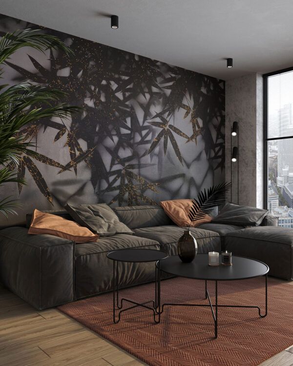 Dark palm leaves wall mural with a touch of gold for the living room