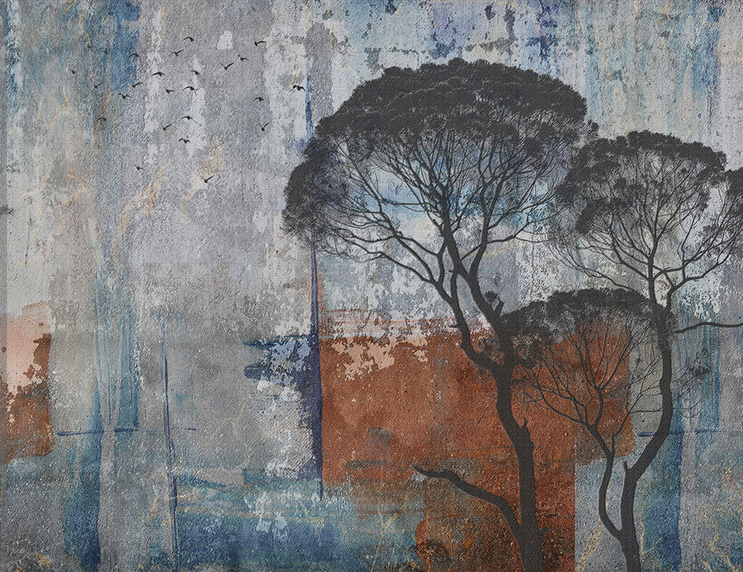 African trees with an abstract blue and red textured background wall mural