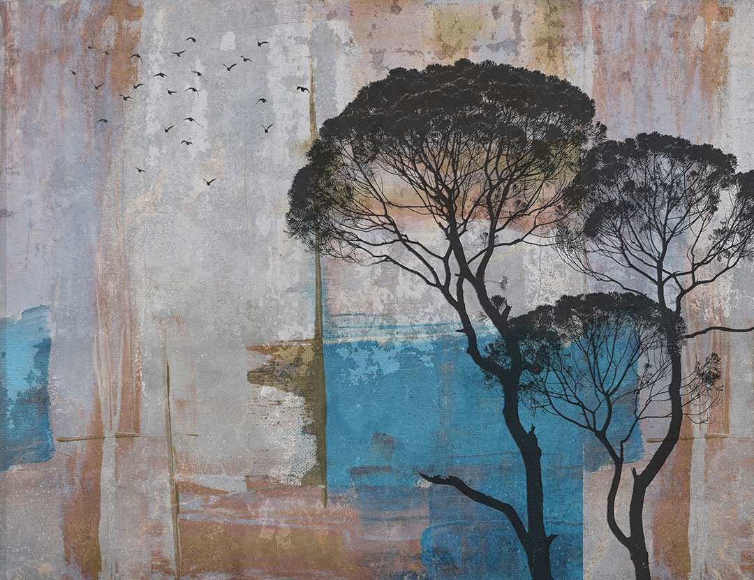 African trees with an abstract blue and brown textured background wall mural