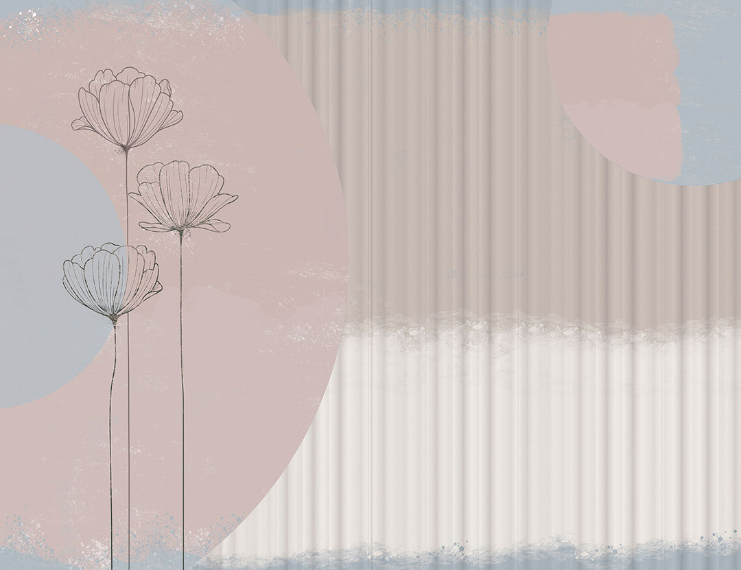 Delicate graphic lotuses with long stems and 3D waves wall mural