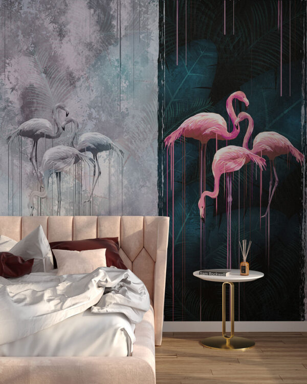 Grey and pink flamingos wall mural for the bedroom