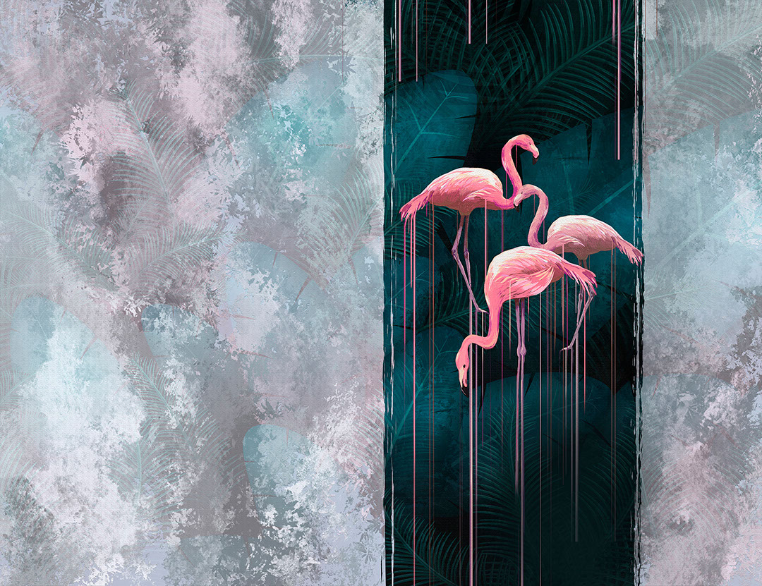 Pink flamingos on contrasted textured background wall mural