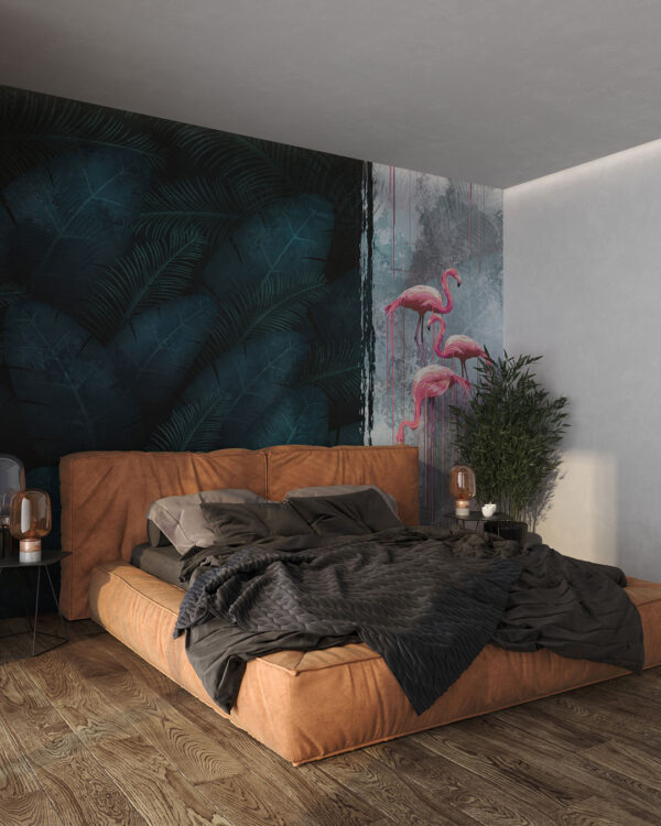 Asymmetrical tropical leaves and pink flamingos wall mural for the bedroom