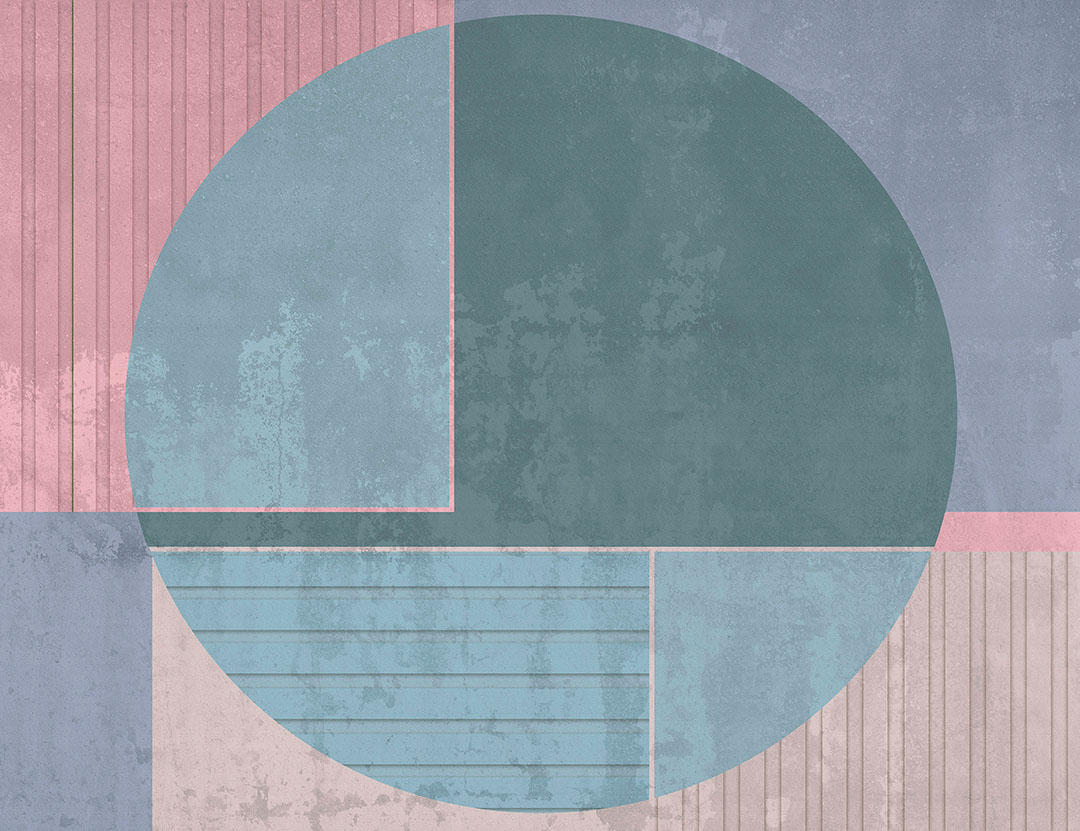Wall mural with blue and pink textured parts of a circle