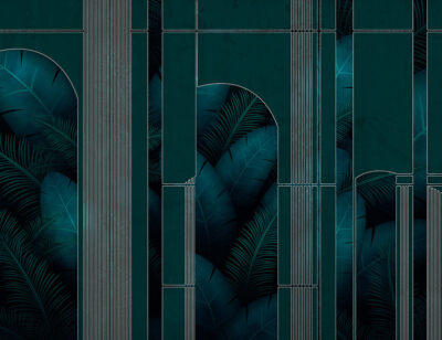 Dark tropical leaves with geometrical linear arches wall mural