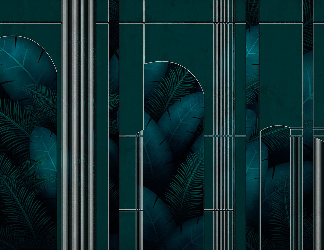 Dark tropical leaves with geometrical linear arches wall mural