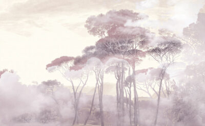 Forest in the morning fog wall mural in pink tones