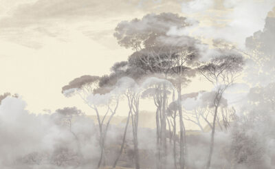 Forest in the morning fog wall mural in beige tones