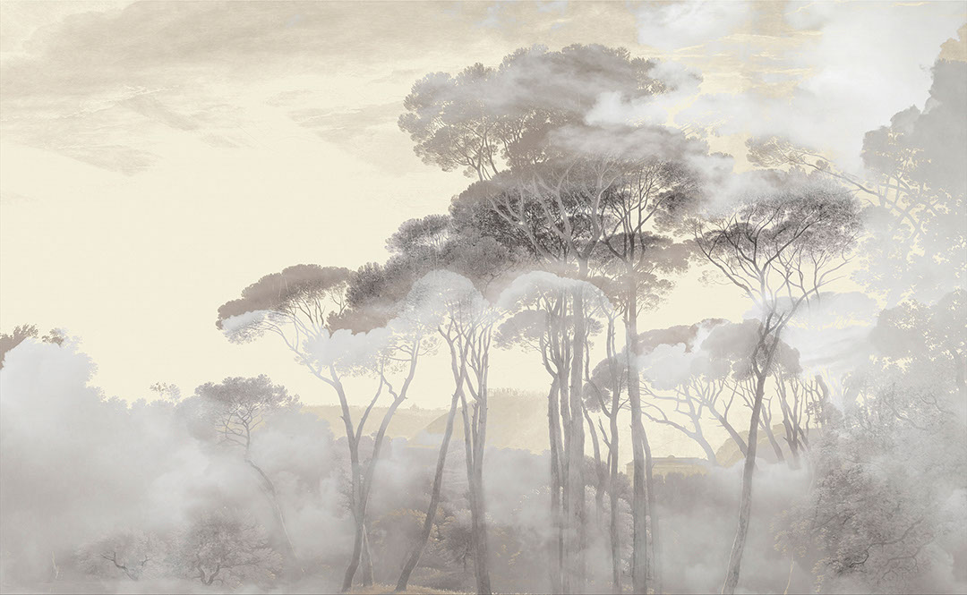 Forest in the morning fog wall mural in beige tones
