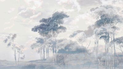 Forest with clouds at sunset wall mural in cold tones