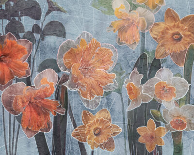 Orange lilies with graphic outline on the textured blue background wall mural