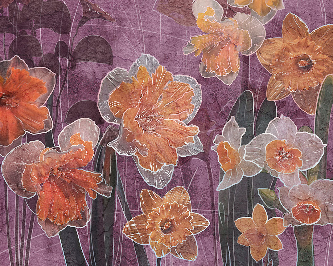 Orange lilies with graphic outline on the textured pink background wall mural
