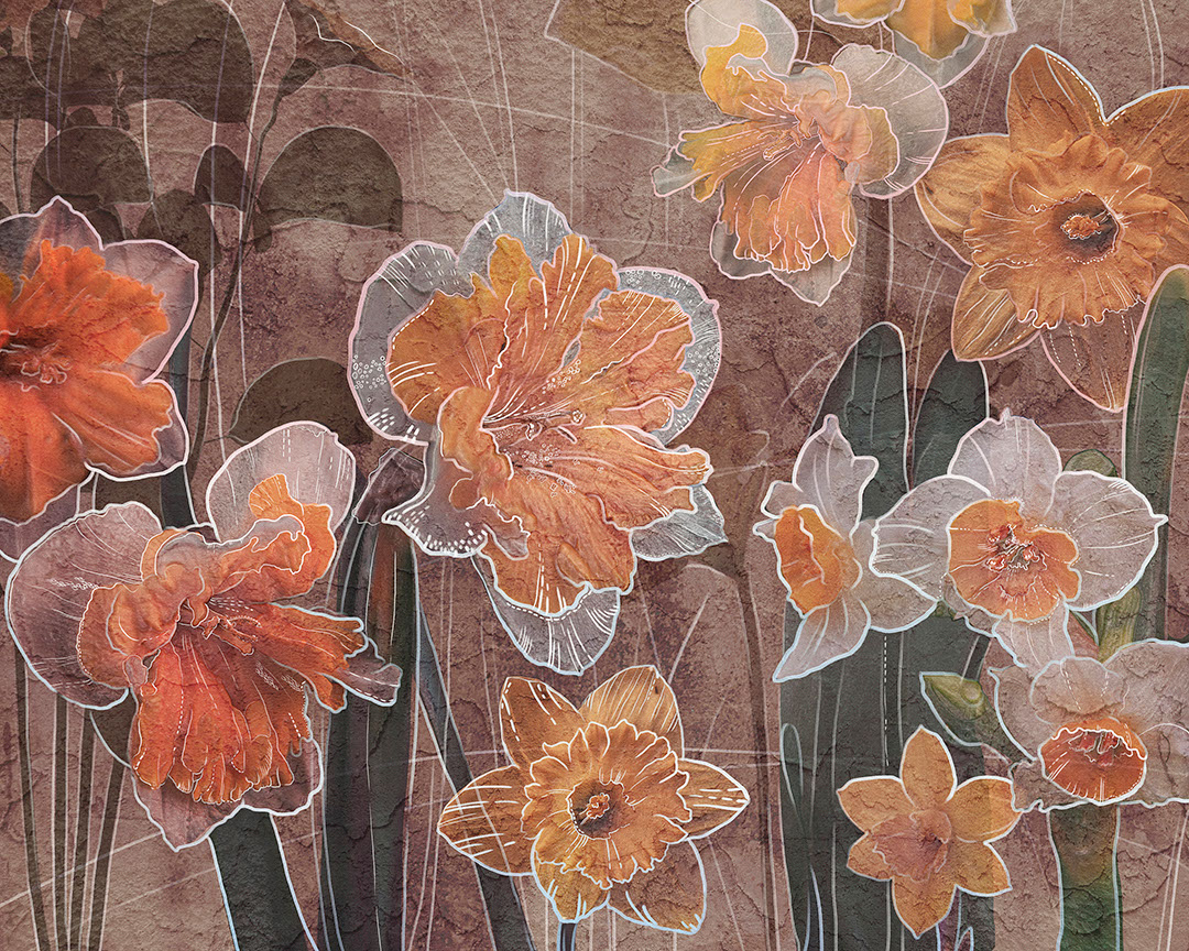 Orange lilies with graphic outline on the textured brown background wall mural