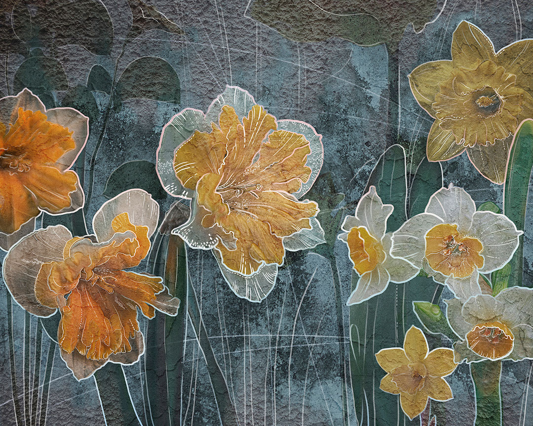 Yellow lilies with graphic outline on the textured navy blue background wall mural