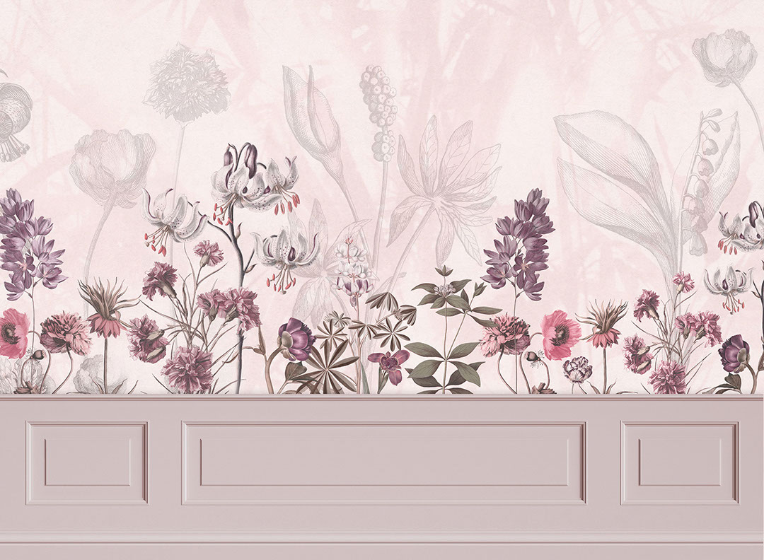 Delicate flowers with purple stucco molding wall mural