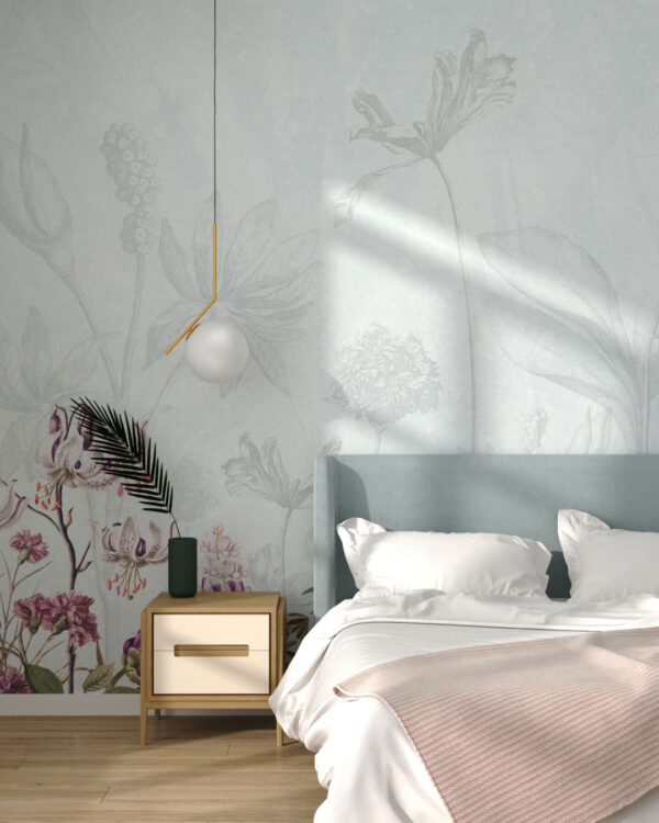 Delicate flowers drawn in pencil wall mural for the bedroom