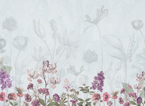 Delicate flowers drawn in pencil on the blue background wall mural