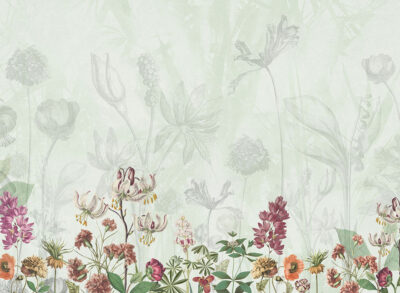 Delicate flowers drawn in pencil on the green background wall mural