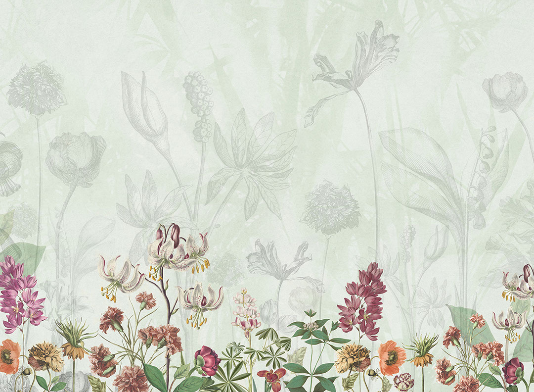 Delicate flowers drawn in pencil on the green background wall mural